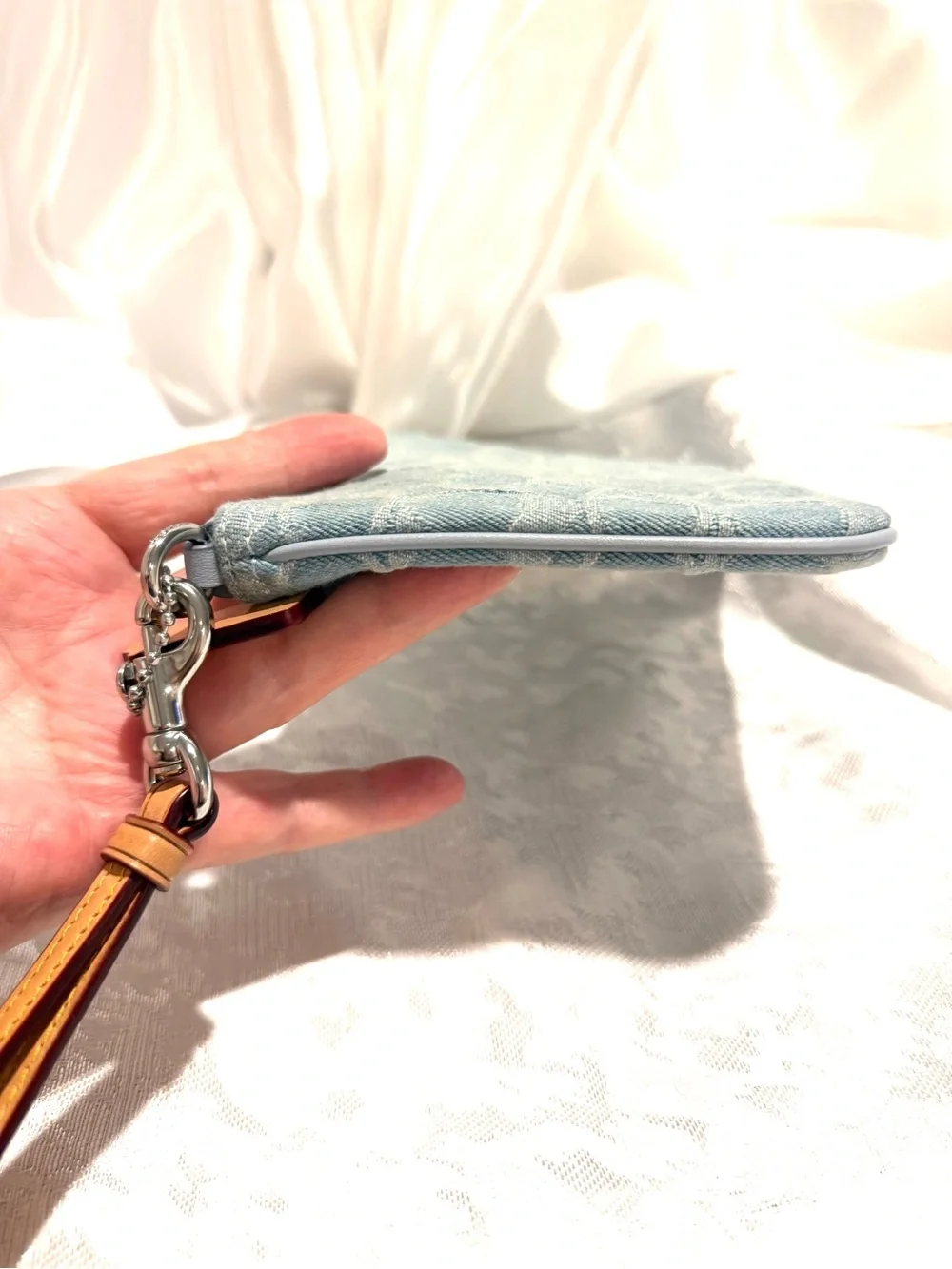 Coach Denim Wristlet with Tan Leather Strap CJ874